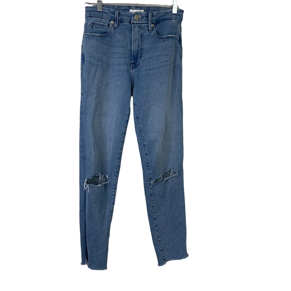 Good American Women’s High Waist Raw Hem Blue Denim Jeans Size 26.